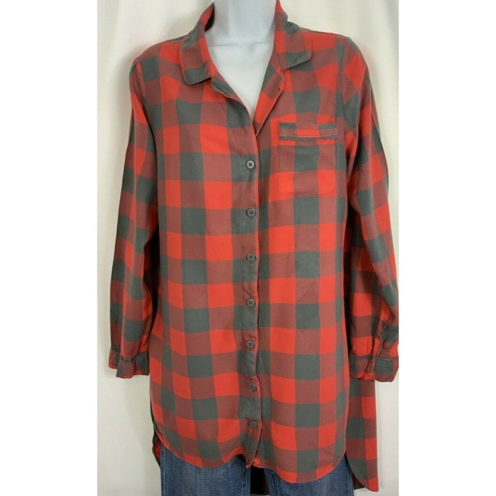 XHILARATION Womens Size Large Red Gray Plaid Soft Rayon Boyfriend Sleep Shirt